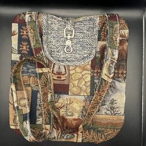 Vtg Tapestry Wildlife Bear Moose Deer‎ Crossbody Bag Shoulder Bag 12" x 11.5"